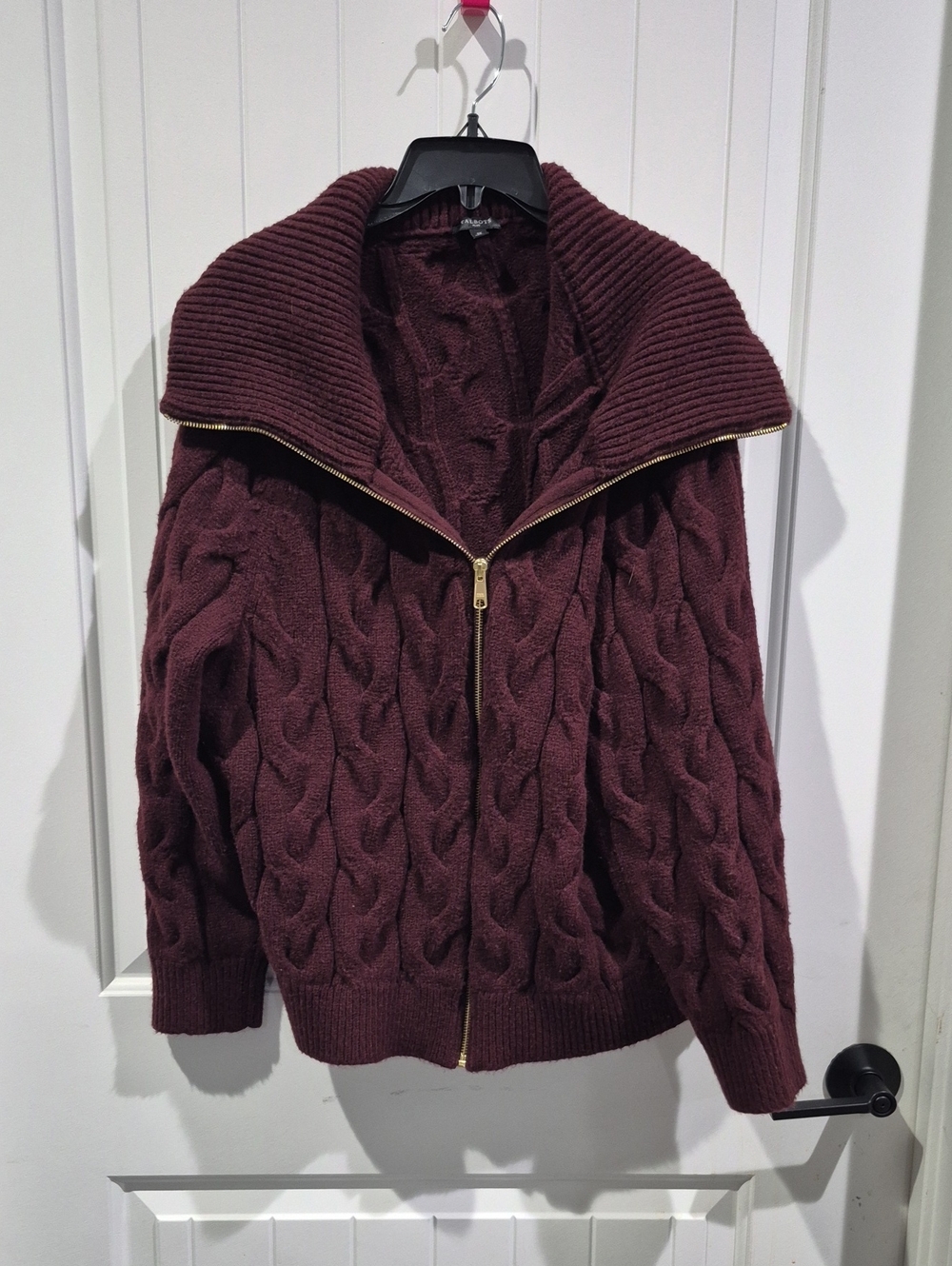 Talbots Burgundy Cable-Knit Zip Cardigan with Fold-Over Collar